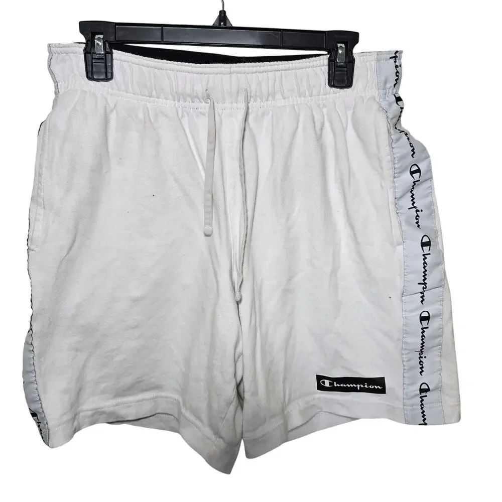 Vintage Mens Champion White Shorts Side Stripe Pockets Cotton Size Med Tie Waist